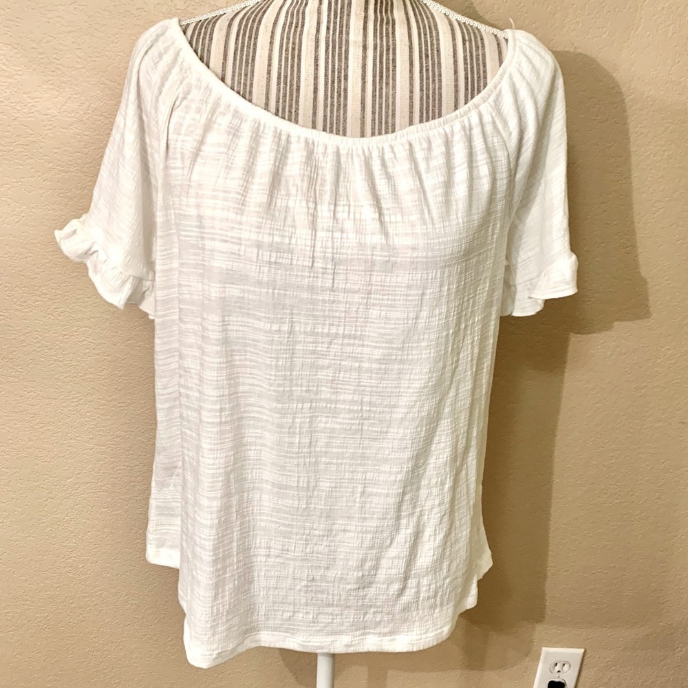 NWT Ninety Tunic Top Large White Short Ruffled Sleeves Textured Fabric BoatNeck